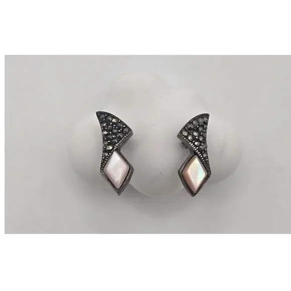 Vintage Sterling Mother of Pearl & Marcasite Earrings - Picture 1 of 5